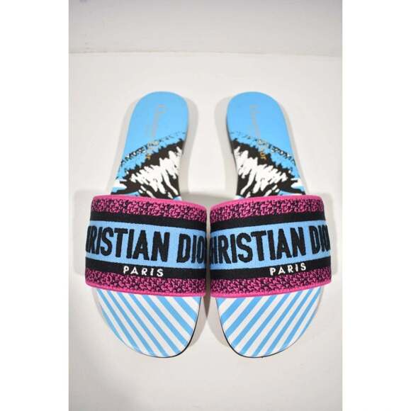 Christian Dior Dway D Jungle Blue Black Embroidered Logo Slide Flat Sandal 42 - Picture 7 of 12